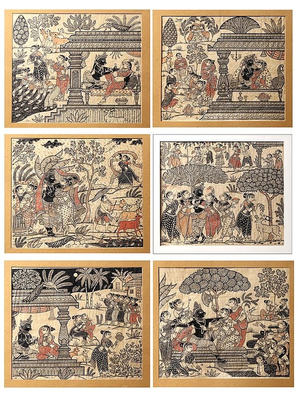 Krishna Painting of Six Seasons - Vasanta, Grishma, Varsha, Sharad, Hemanta, Shishira | Superfine Patachitra Painting