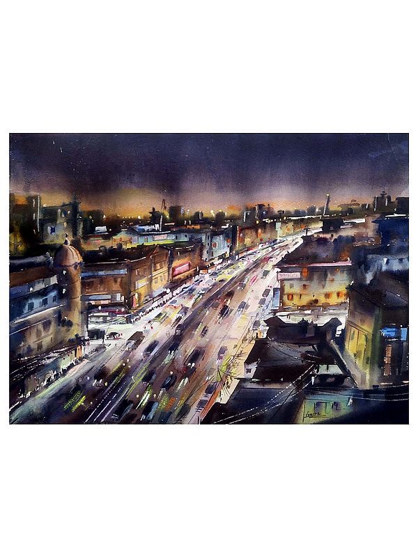 Night City Street From Top | Watercolor On Paper | By Samiran Sarkar