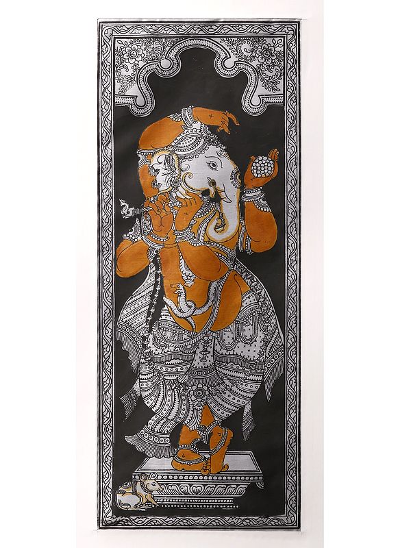 Lord Ganesha Dancing and Playing Flute Pattachitra Painting | Watercolor on Silk