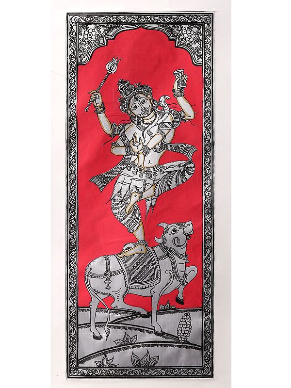 Lord Shiva Dancing on Nandi | Watercolor on Silk | Pattachitra Painting