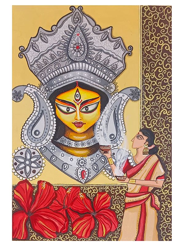 Devotee With Goddess Durga | Premium Poster Colors On Paper | By Yamini Pahwa
