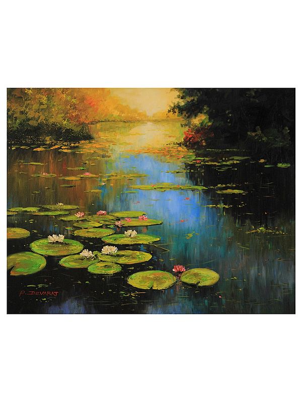 Beautiful Pond Of Lotus | Oil On Canvas | By Devraj