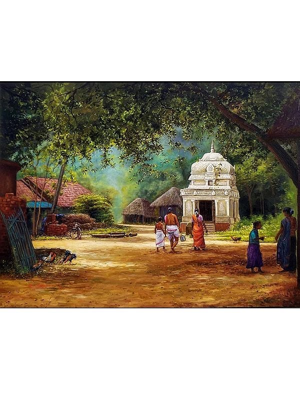 Beautiful Temple In Village | Oil On Canvas | By Devraj