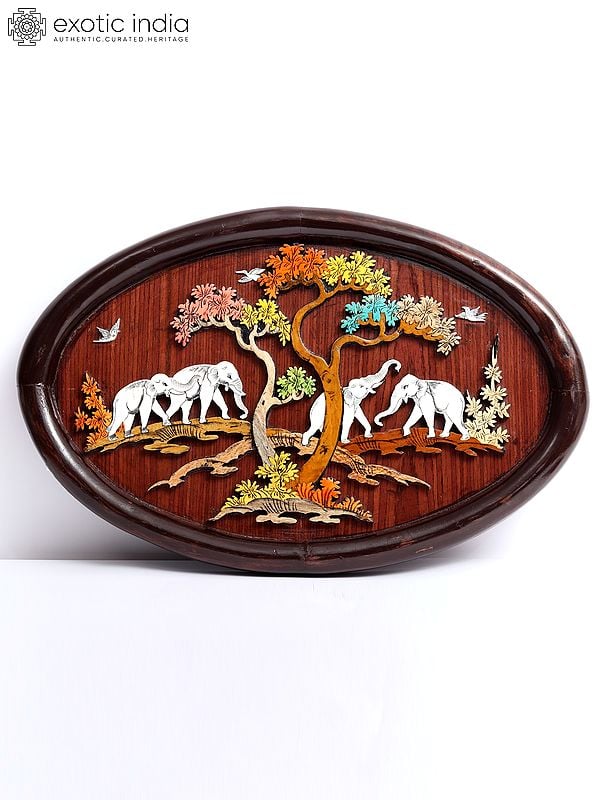18" Elephants In Vana - Wild Life | 3D Inlay Work | Natural Color On Wood