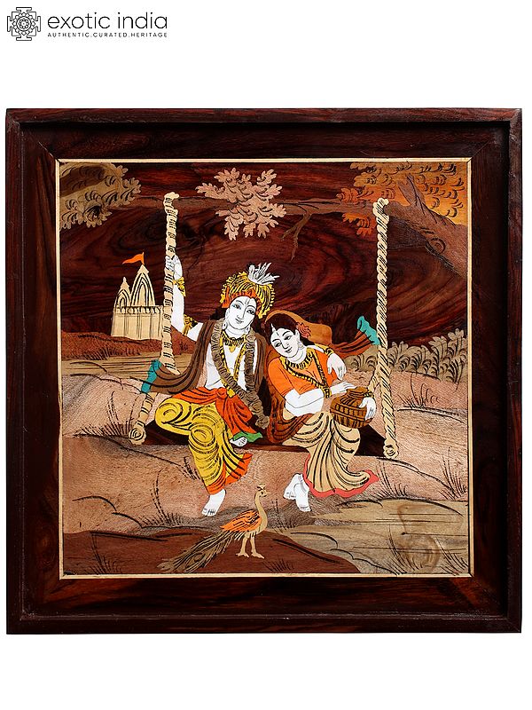 18" Radha And Krishna On Swing - Hand Painted | Natural Color On Wood Panel