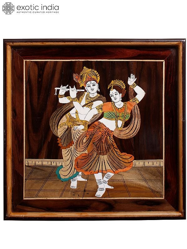 19" Beautiful Hand Painted Dancing Radha - Krishna | Natural Color On Wood Panel