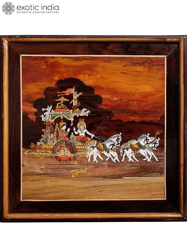 19" Wood Panel Of Geeta Upadesh | Natural Color With Inlay Work