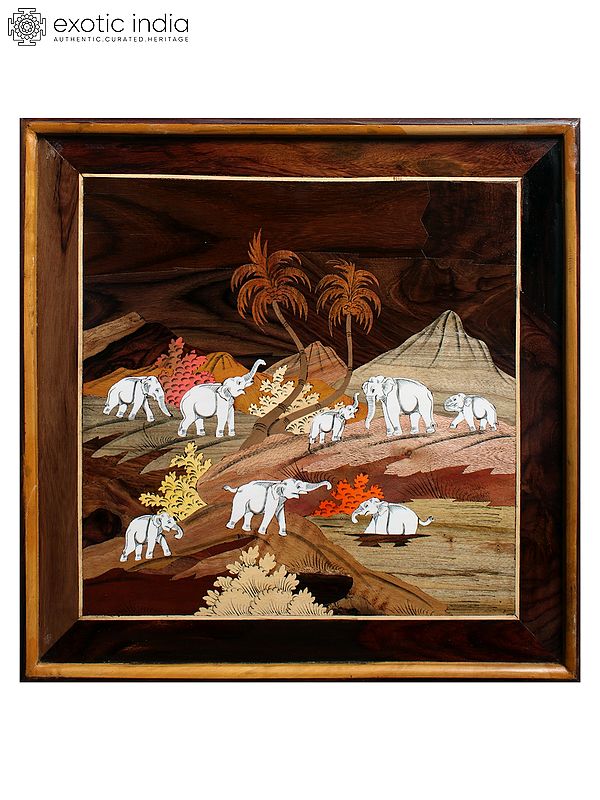 19" Beautiful White Elephants | Natural Color On Wood Panel With Inlay Work