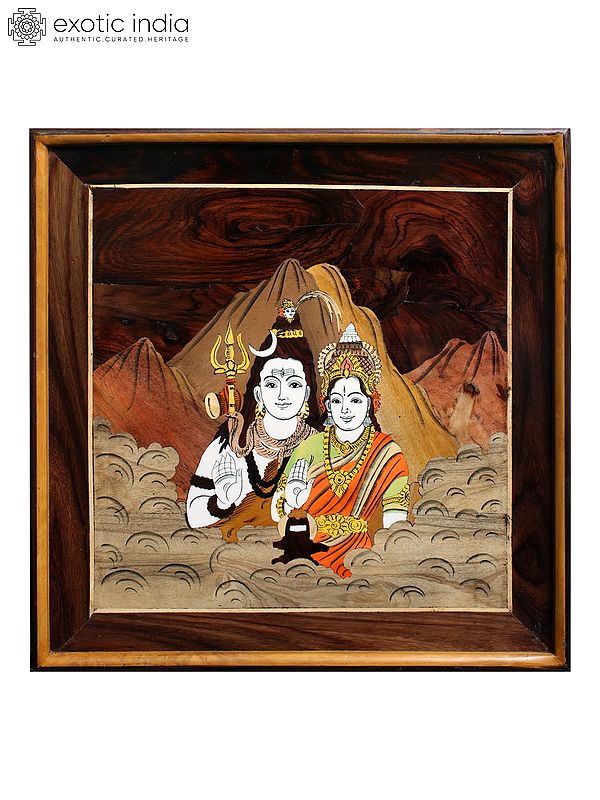 19" Shiva And Parvati On Kailash Mountain | Natural Color On Wood Panel With Inlay Work