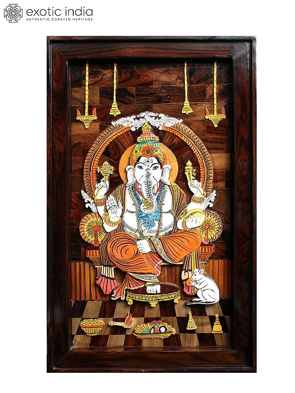 30" Attractive Lord Ganesha On Throne | Natural Color On 3D Wood Panel With Inlay Work