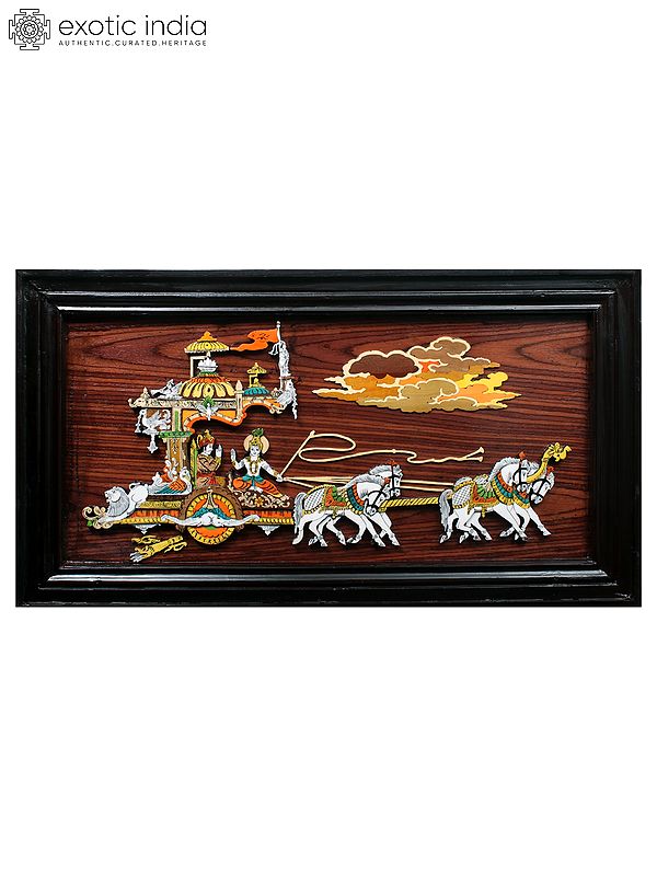 30" Krishna As Saarthi - Geeta Updesha | Natural Color On 3D Wood Painting With Inlay Work
