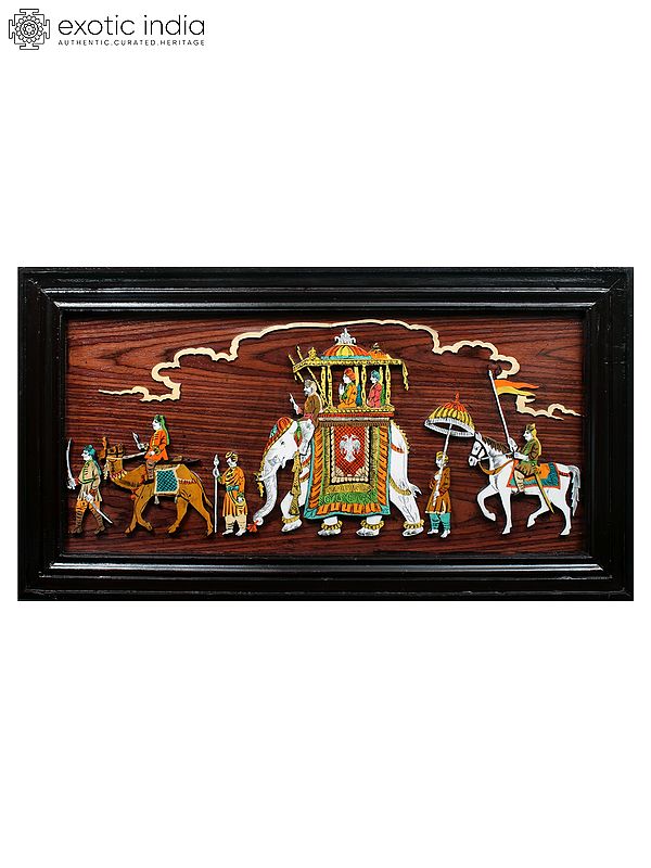 30" Royal Ride With Soldiers | Natural Color On 3D Wood Painting With Inlay Work