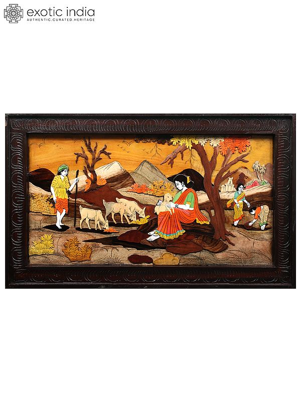 30" Lady With Goat - Love With Nature | Natural Color On 3D Wood Painting With Inlay Work