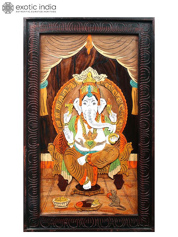 30" Lord Ganapati On Throne | Natural Color On 3D Wood Painting With Inlay Work