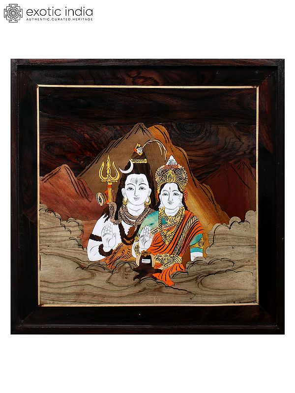 18" Blessing Shiva And Parvati On Kailash | Natural Color On Inlay Wood Panel