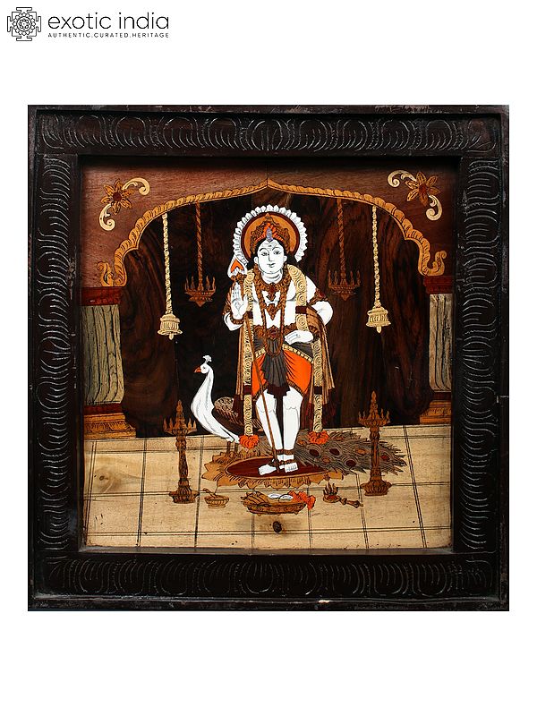 20" Standing Lord Kartikeya | Natural Color On Wood Panel With Inlay Work