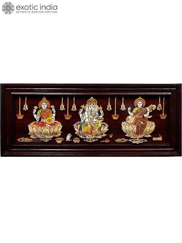 30" Beautiful Painting Of Lakshmi Ganesha And Saraswati | Natural Color On 3D Wood Painting With Inlay Work