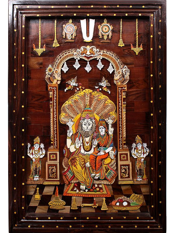 36" Lord Narsimha With Goddess Lakshmi | Natural Color On 3D Wood Painting With Inlay Work