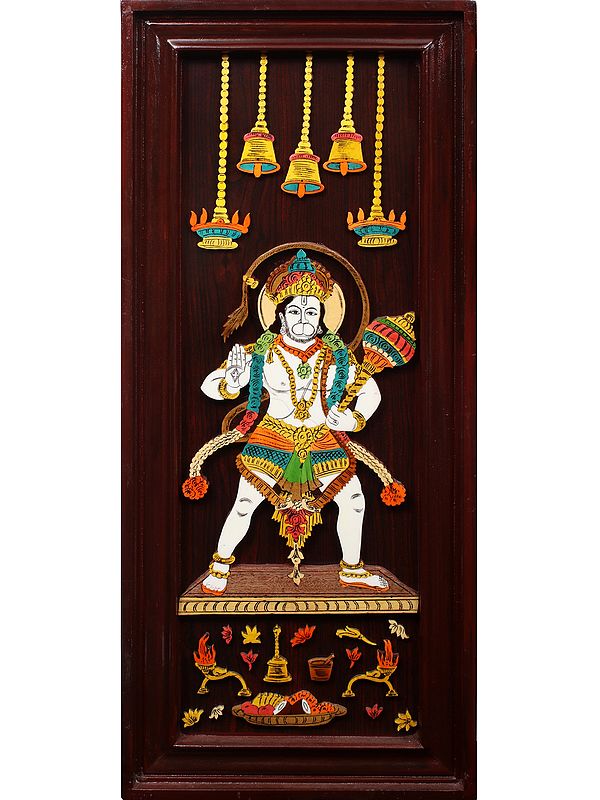 31" Standing Veer Hanuman | Natural Color On 3D Wood Painting With Inlay Work