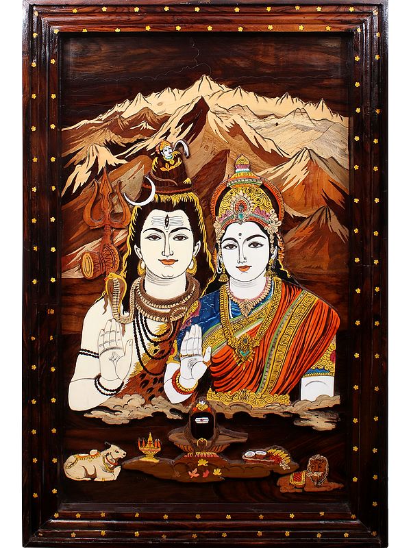36" Lord Shiva And Goddess Parvati | Natural Color On Inlay Wood Panel