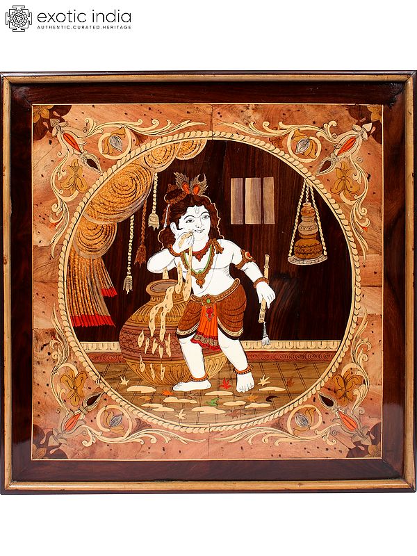 25" Little Krishna As Makhan Chor | Natural Color On Wood Panel With Inlay Work