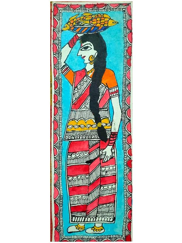 Lady Carrying Bunch of Fishes on Head | Acrylic Color on Handmade Paper | By Annu Kumari