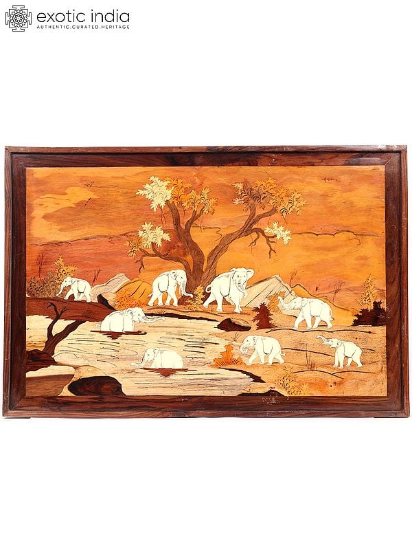 Elephants In Forest | Wood Panel with Inlay Work