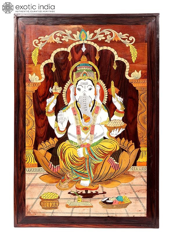 Chaturbhuj Ganesha Seated on Lotus | Wood Panel with Inlay Work