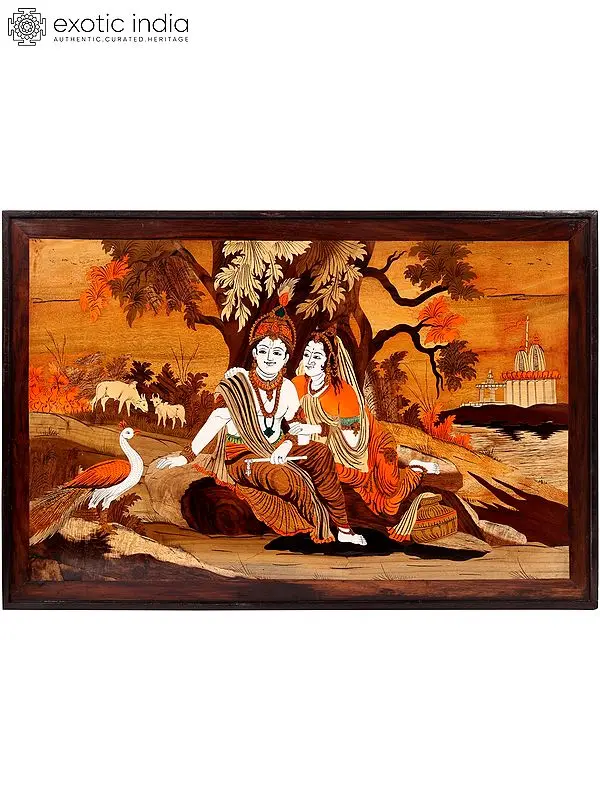 River Side Seated Radha Krishna | Wood Panel with Inlay Work