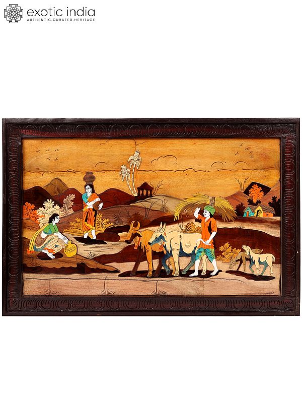 Village Life | 3D Art | Wood Wall Panel with Inlay Work