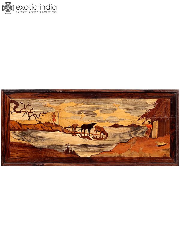 Village View -  Bull Drinking Water From Lake | Wood Panel with Inlay Work