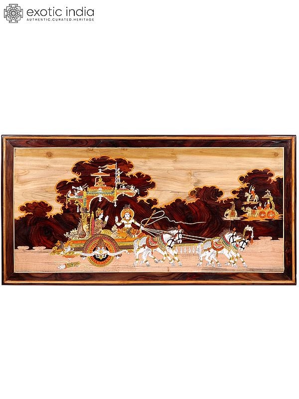 48" Krishna And Arjuna On Rath - Geeta Updesh | Natural Color On Wood Panel With Inlay Work