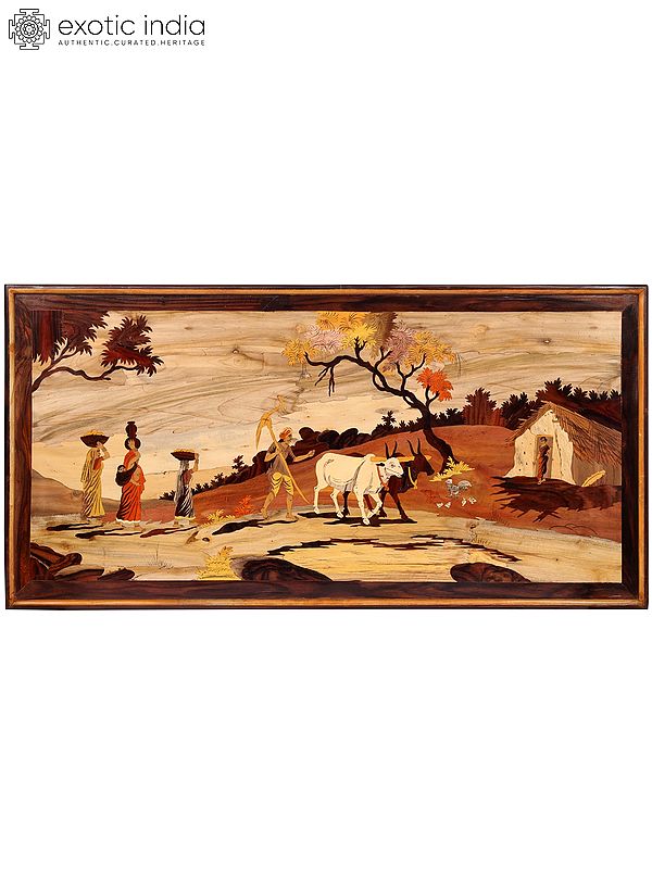 48" Farmer And Women In Village - Rural View | Natural Color On Wood Panel With Inlay Work