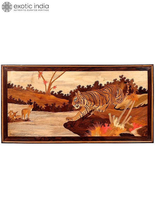 48" Hunting Tiger | Natural Color On Wood Panel With Inlay Work