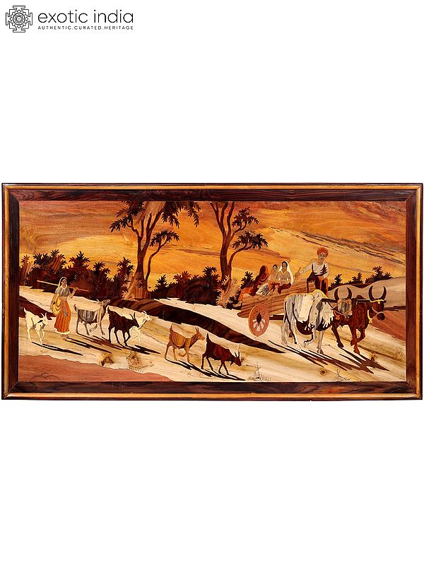 48" Bullock Cart Ride And Shepherd | Natural Color On Wood Panel With Inlay Work