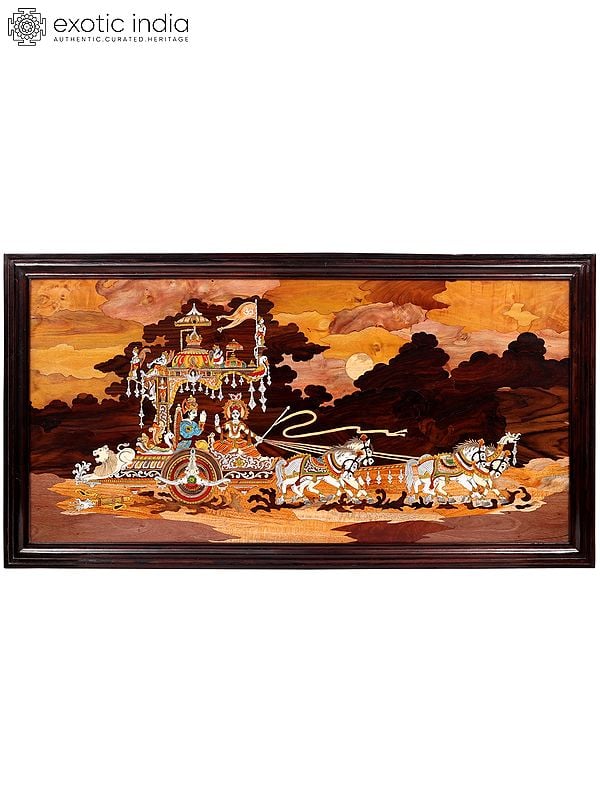 50" Krishna Updesh During Kurukshetra War | Natural Color On Wood Panel With Inlay Work