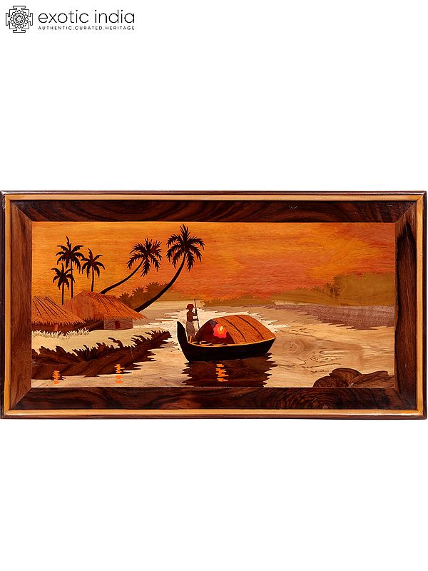 28" Boat Ride Landscape | Natural Color On Wood Panel With Inlay Work