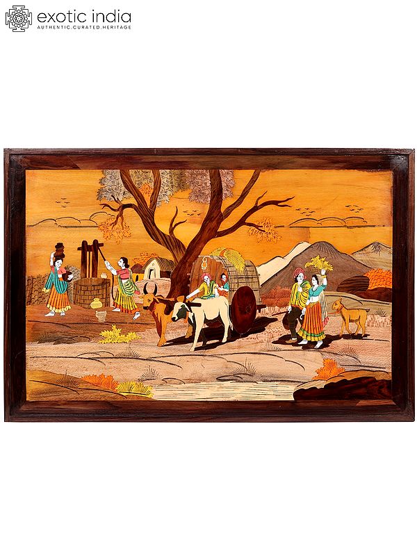 36" Beautiful View Of Rural Life Style | Natural Color On Wood Panel With Inlay Work