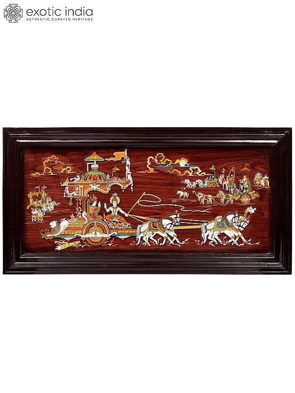 48" Mahabharata War View With Geeta Updesh | Natural Color On 3D Wood Painting With Inlay Work