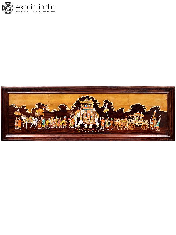 60" Beautiful View Of Royal Procession | Natural Color On Wood Panel With Inlay Work