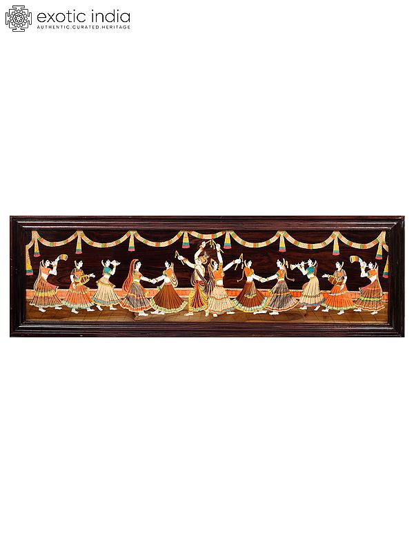 60" Radha And Krishna Celebration With Gopis | Natural Color On Wood Panel With Inlay Work
