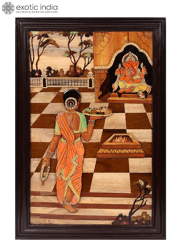 36" Lady Worshipping Ganesha | Natural Color On 3D Wood Painting With Inlay Work