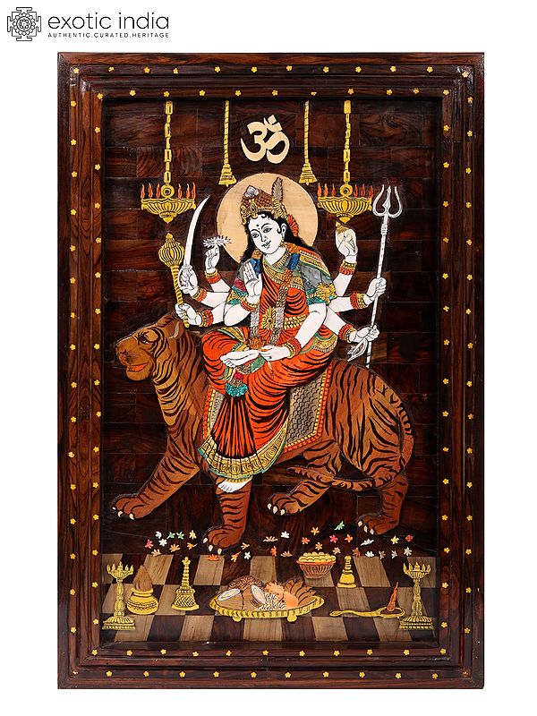 36" Ashtabhuja Goddess Durga | Natural Color On 3D Wood Painting With Inlay Work