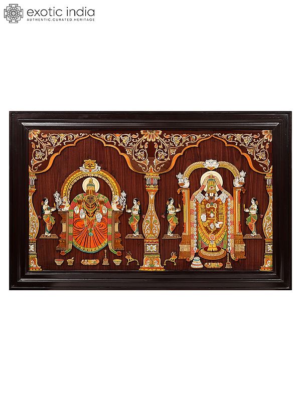 48" Lord Balaji With Goddess Padmawati | Natural Color On 3D Wood Painting With Inlay Work