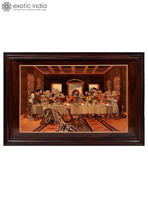 42" Last Supper With Devotees | Natural Color On Wood Panel With Inlay Work