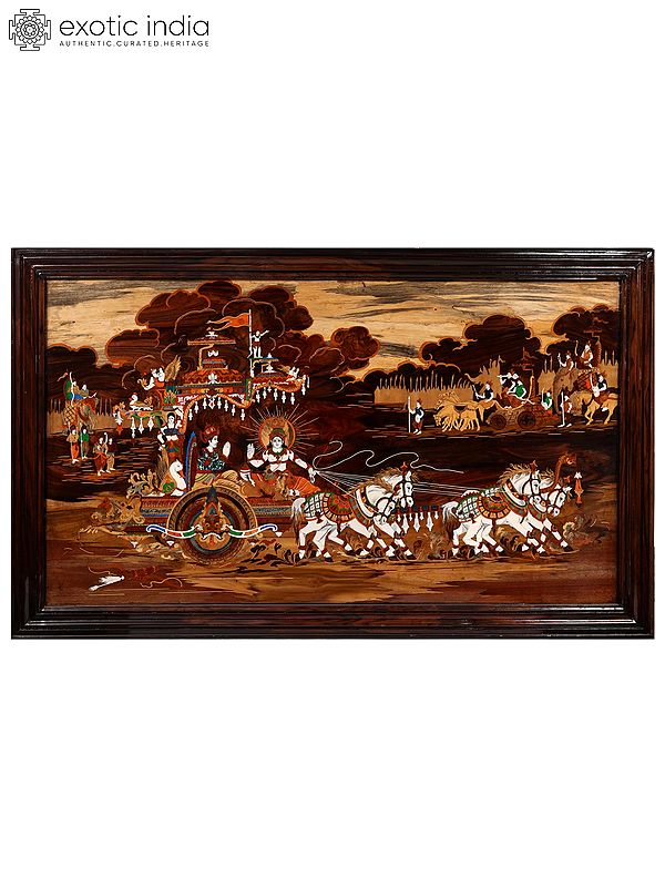 60" Geeta Gyan Of Lord Krishna With Glass Work | Natural Color On Wood Panel With Inlay Work