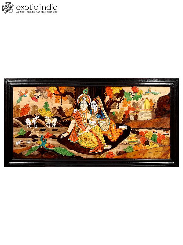 72" Divine Radha And Krishna | Natural Color On 3D Wood Painting With Inlay Work