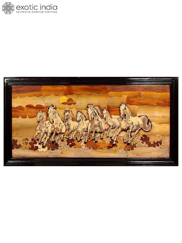 72" 3D Seven Vastu Horses | Natural Color On Wood Panel With Inlay Work