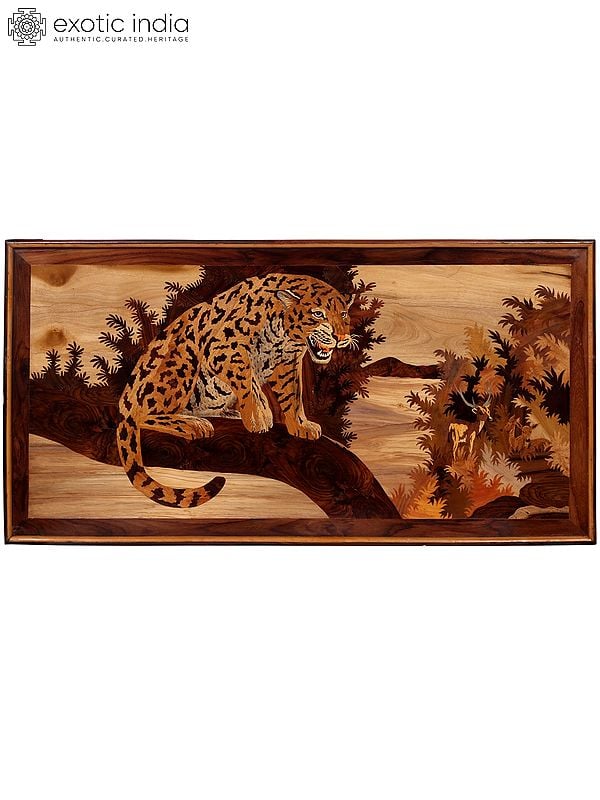Roaring Cheetah Seated on Tree | Wood Panel with Inlay Work