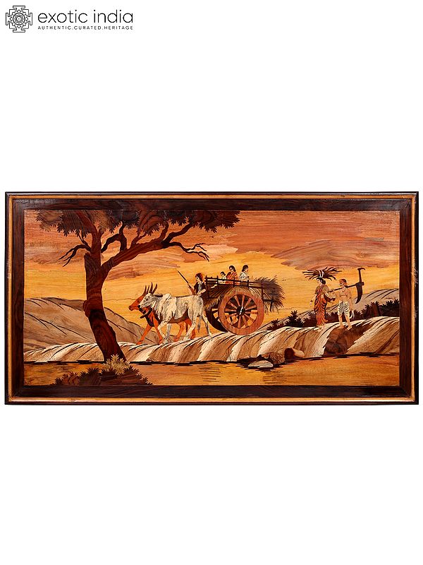 Villager Riding Bullock Cart | Wood Panel with Inlay Work